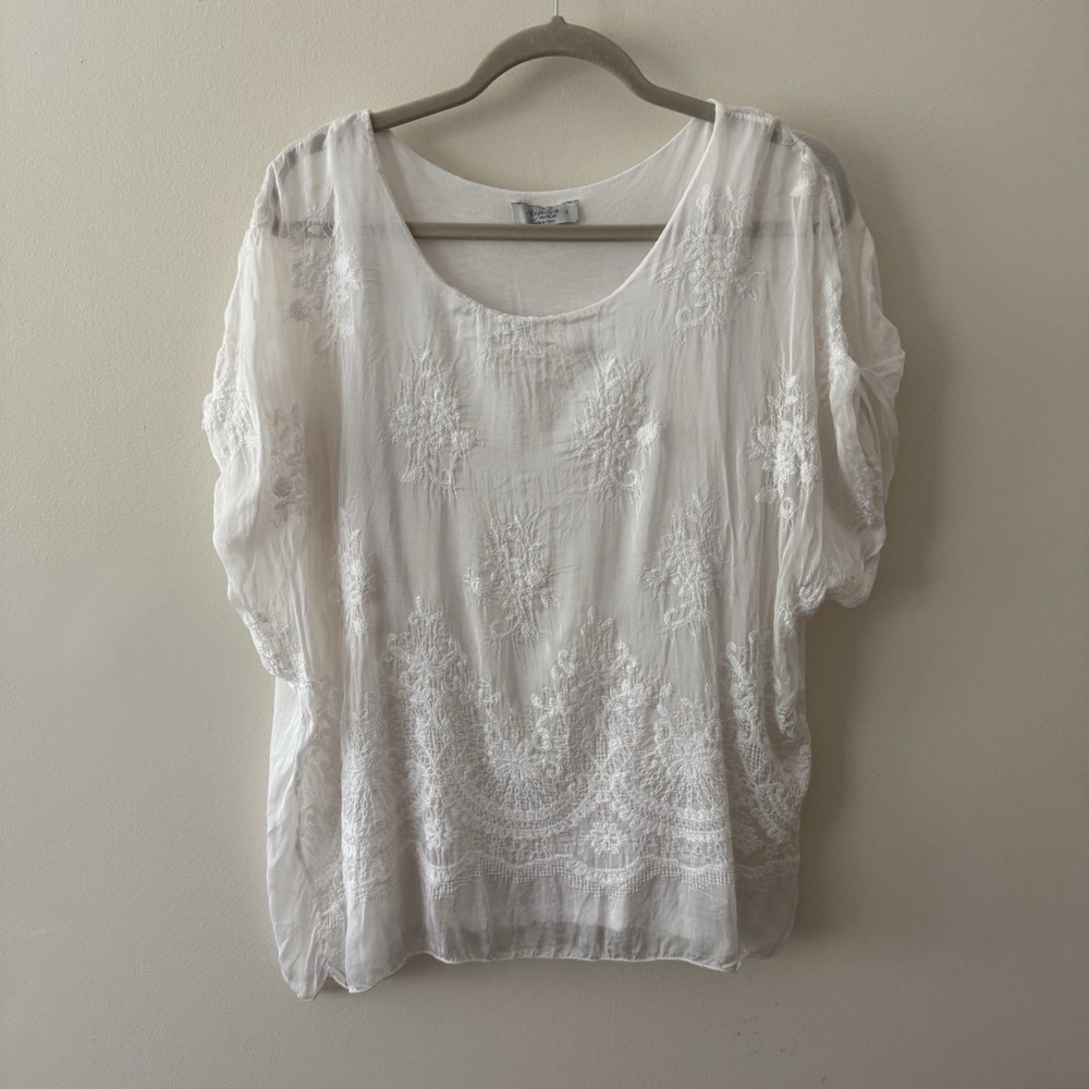 Angela Moda White Floral Embroidered Silk Blend Top Blouse Sz L Small Flaw